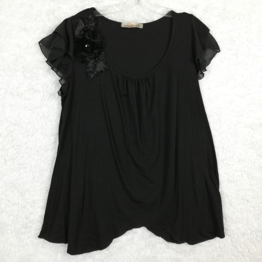 Ensemble Womens Blouse Top Ruffle Sleeve Floral Applique Black Plus 1X